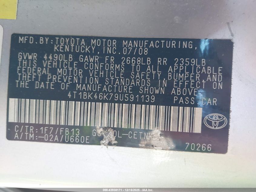 2009 Toyota Camry Le V6 VIN: 4T1BK46K79U591139 Lot: 43938171