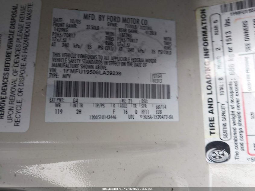 2006 Ford Expedition Limited VIN: 1FMFU19506LA39239 Lot: 43938173