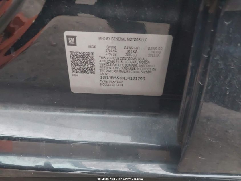 2018 Chevrolet Sonic Ls Auto VIN: 1G1JB5SH4J4121793 Lot: 43938178