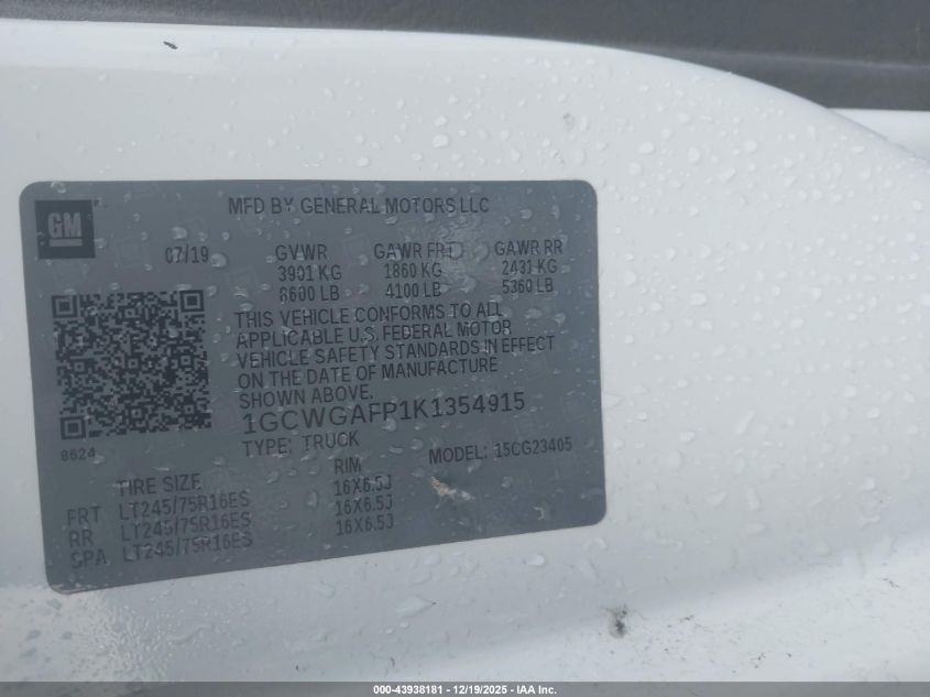2019 Chevrolet Express 2500 Work Van VIN: 1GCWGAFP1K1354915 Lot: 43938181
