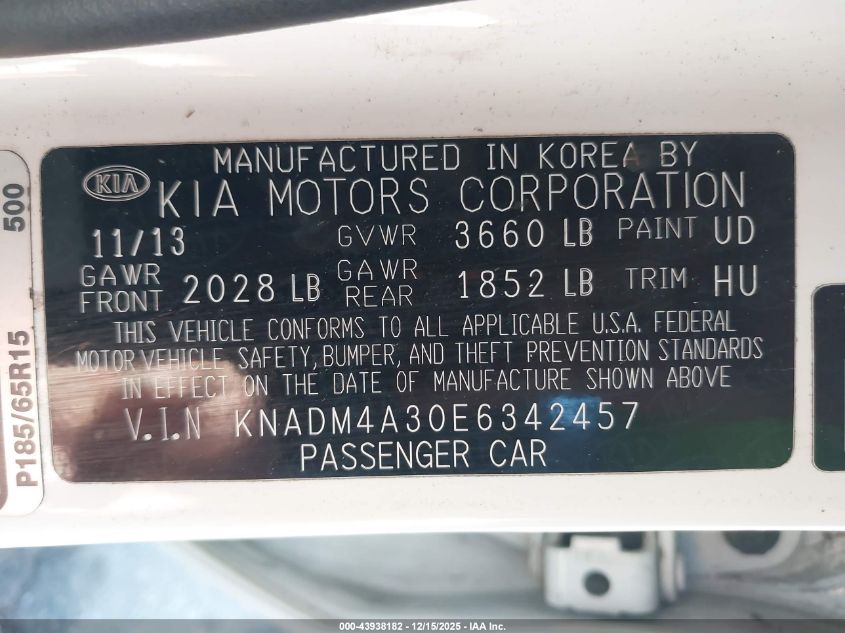 2014 Kia Rio Lx VIN: KNADM4A30E6342457 Lot: 43938182