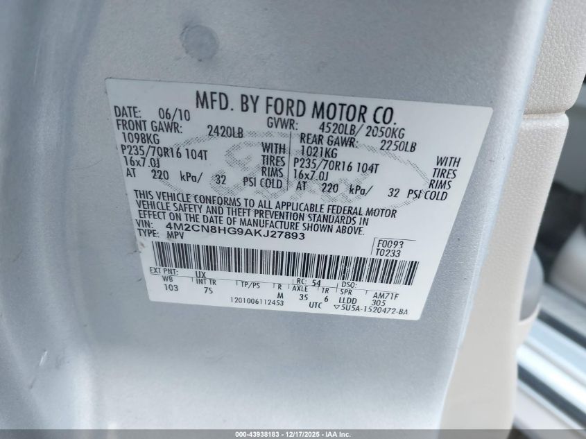 2010 Mercury Mariner Premier VIN: 4M2CN8HG9AKJ27893 Lot: 43938183