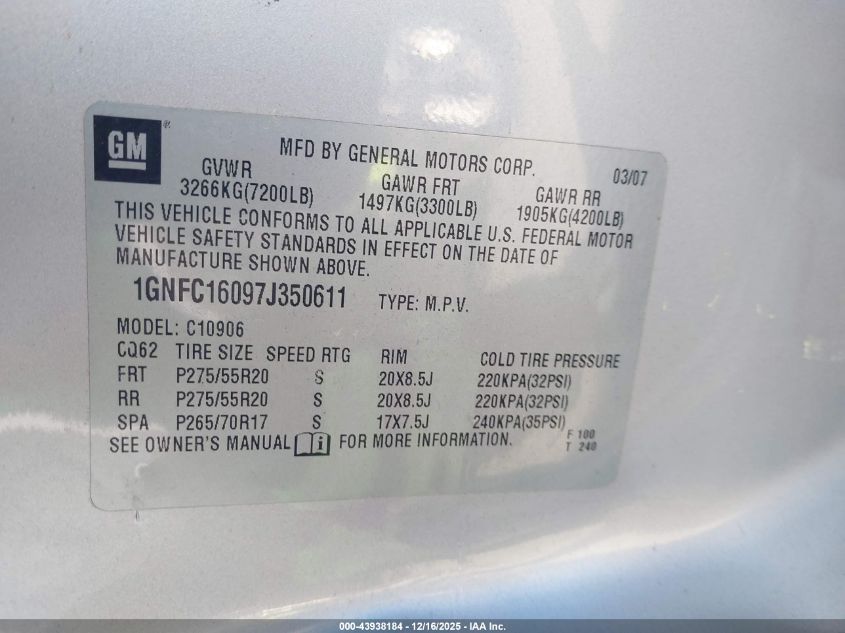 2007 Chevrolet Suburban 1500 Lt VIN: 1GNFC16097J350611 Lot: 43938184