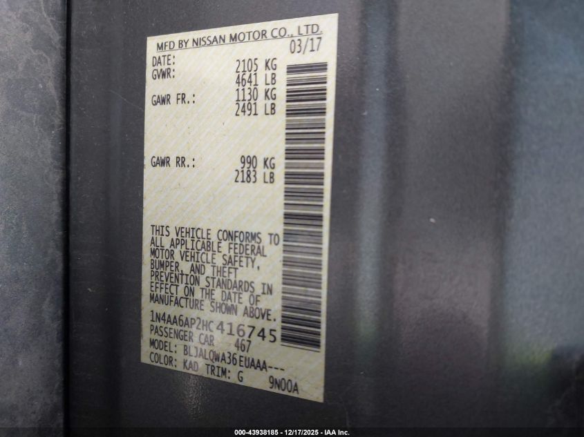 2017 Nissan Maxima 3.5 S VIN: 1N4AA6AP2HC416745 Lot: 43938185