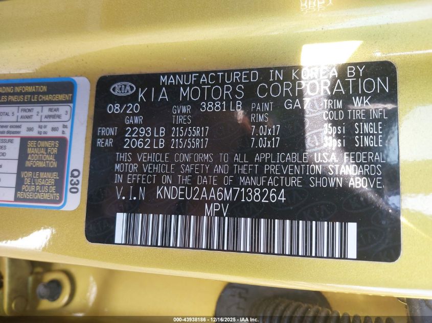 2021 Kia Seltos S VIN: KNDEU2AA6M7138264 Lot: 43938186