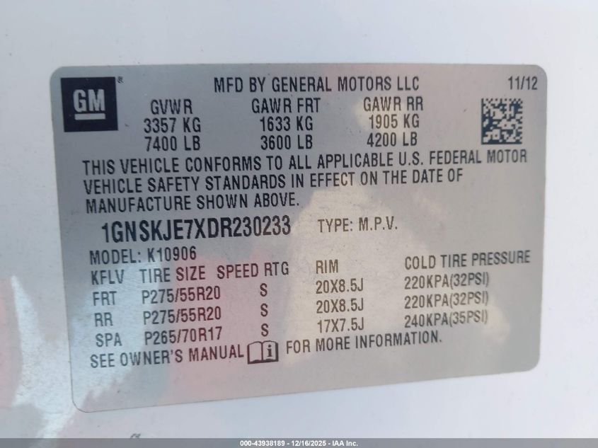 2013 Chevrolet Suburban 1500 Lt VIN: 1GNSKJE7XDR230233 Lot: 43938189