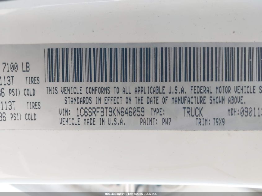 2019 Ram 1500 Big Horn/Lone Star 4X4 6'4 Box VIN: 1C6SRFBT9KN646059 Lot: 43938191