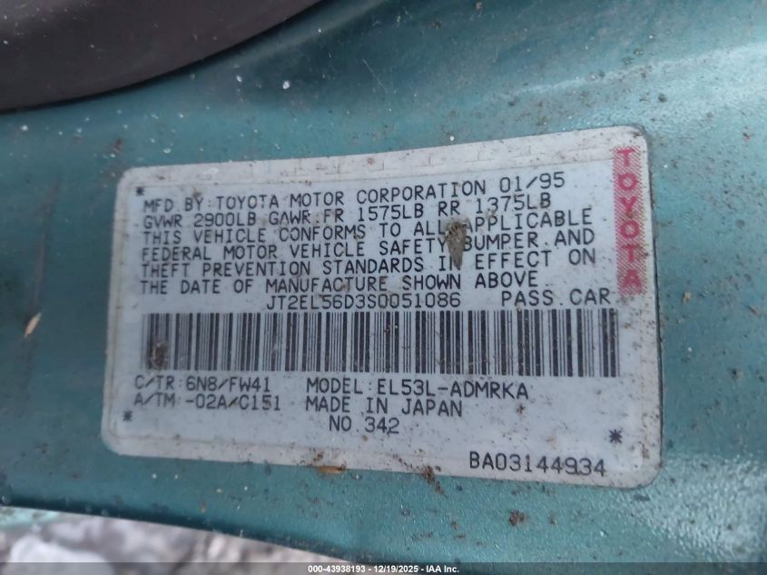 1995 Toyota Tercel Dx VIN: JT2EL56D3S0051086 Lot: 43938193