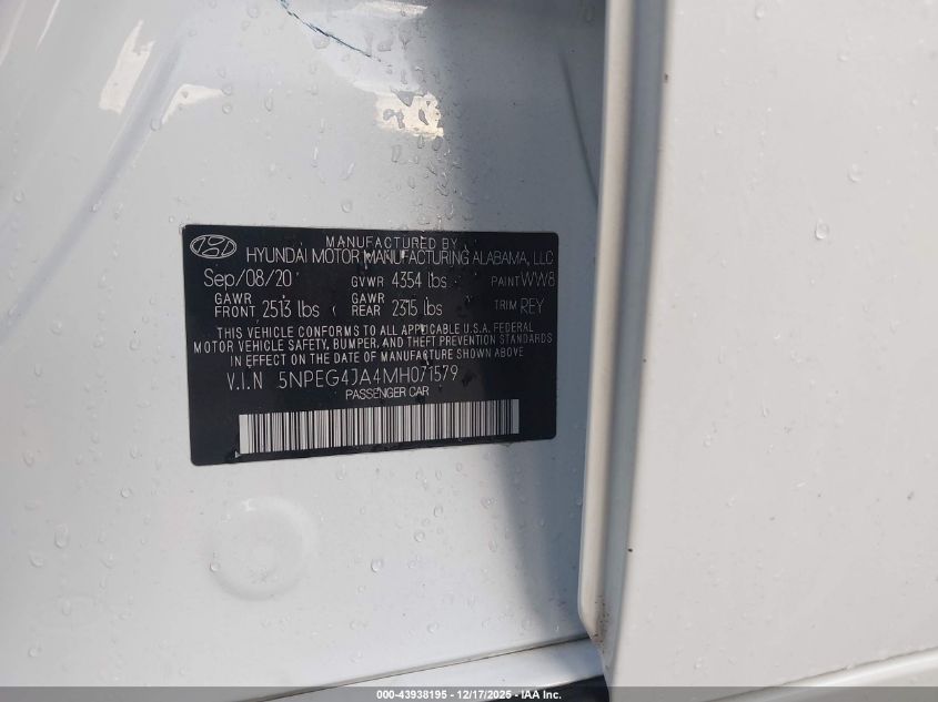2021 Hyundai Sonata Se VIN: 5NPEG4JA4MH071579 Lot: 43938195