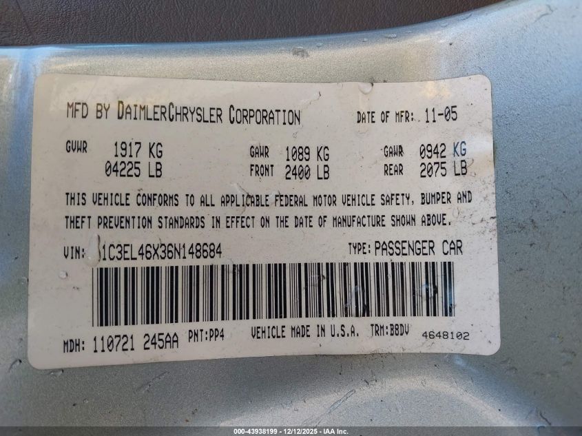 2006 Chrysler Sebring VIN: 1C3EL46X36N148684 Lot: 43938199