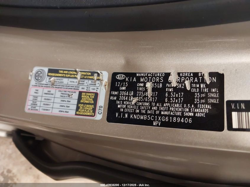 2016 Kia Sedona Lx VIN: KNDMB5C1XG6189406 Lot: 43938200