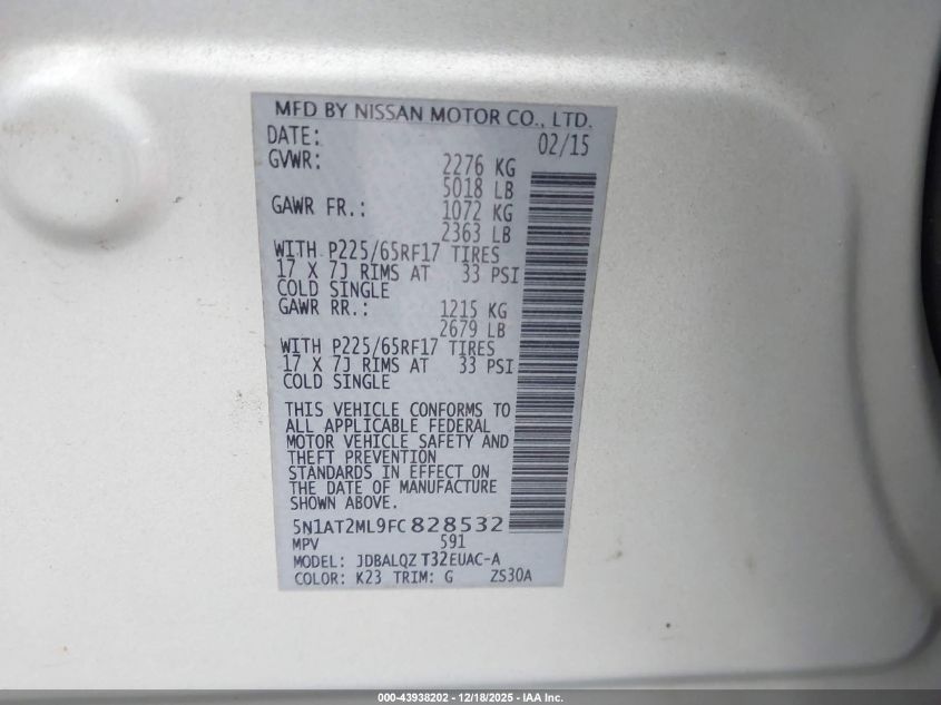 2015 Nissan Rogue Sv VIN: 5N1AT2ML9FC828532 Lot: 43938202