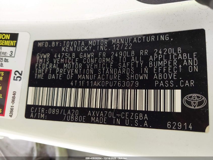 2023 Toyota Camry Xle VIN: 4T1F11AK0PU763079 Lot: 43938204