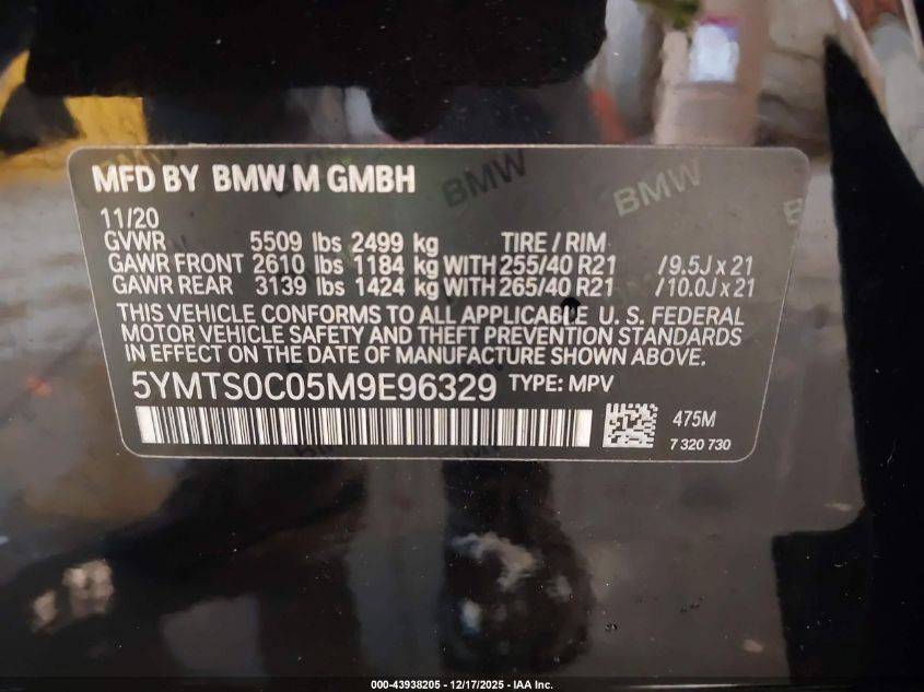 2021 BMW X3 M VIN: 5YMTS0C05M9E96329 Lot: 43938205