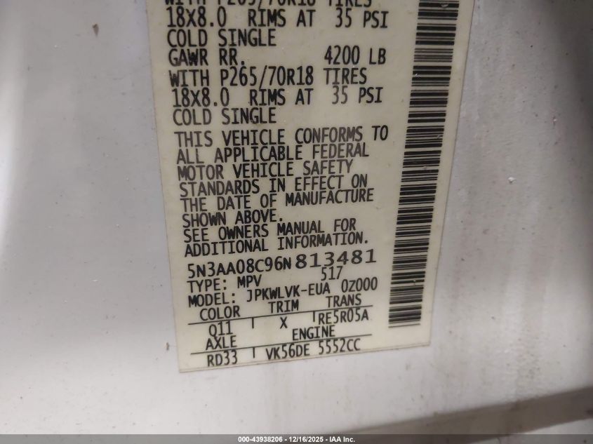 2006 Infiniti Qx56 VIN: 5N3AA08C96N813481 Lot: 43938206