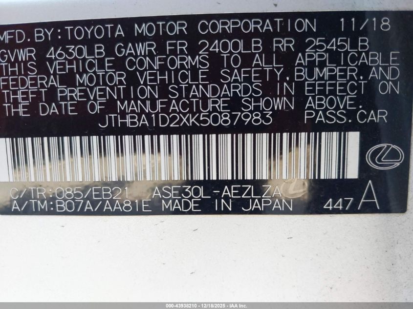 2019 Lexus Is 300 VIN: JTHBA1D2XK5087983 Lot: 43938210