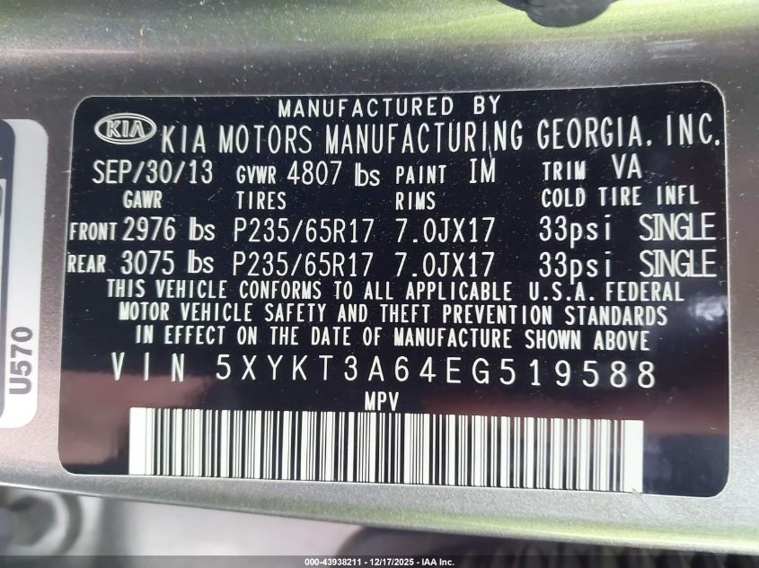 2014 Kia Sorento Lx VIN: 5XYKT3A64EG519588 Lot: 43938211