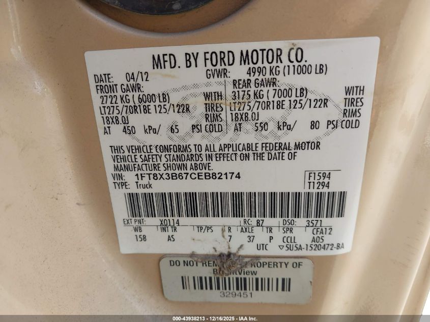 2012 Ford F-350 Xl VIN: 1FT8X3B67CEB82174 Lot: 43938213