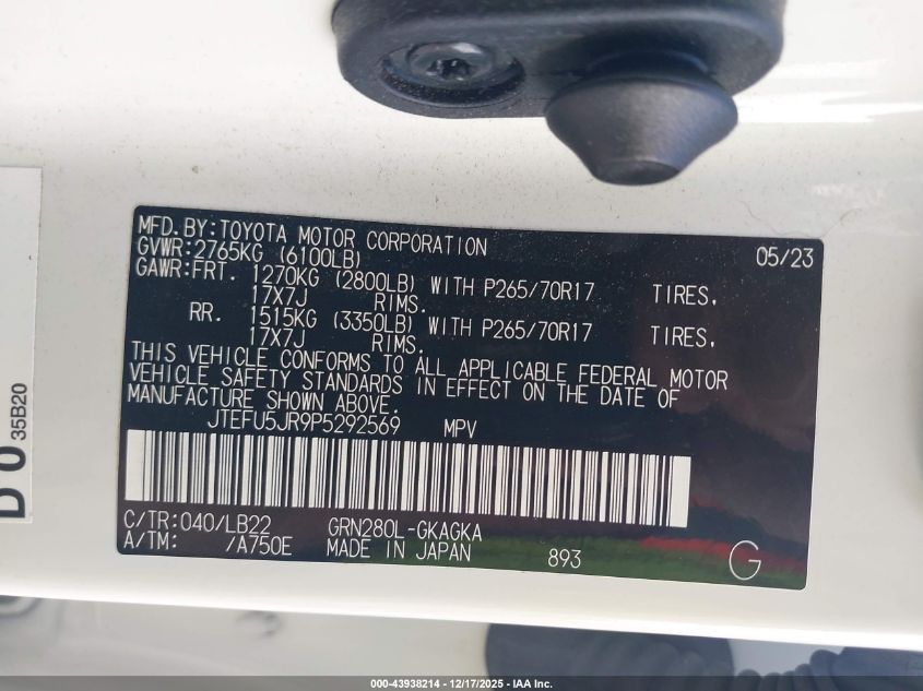 2023 Toyota 4Runner Sr5 Premium VIN: JTEFU5JR9P5292569 Lot: 43938214