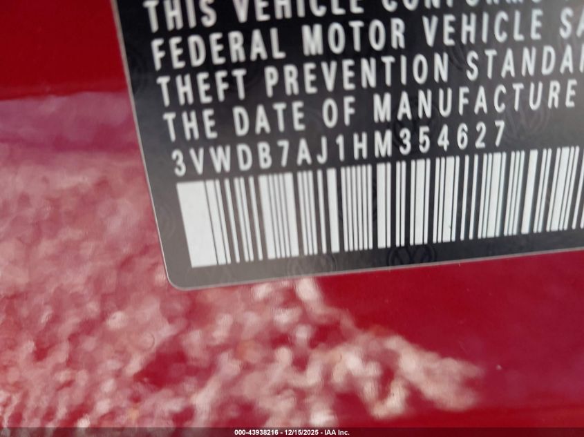 2017 Volkswagen Jetta 1.4T Se VIN: 3VWDB7AJ1HM354627 Lot: 43938216