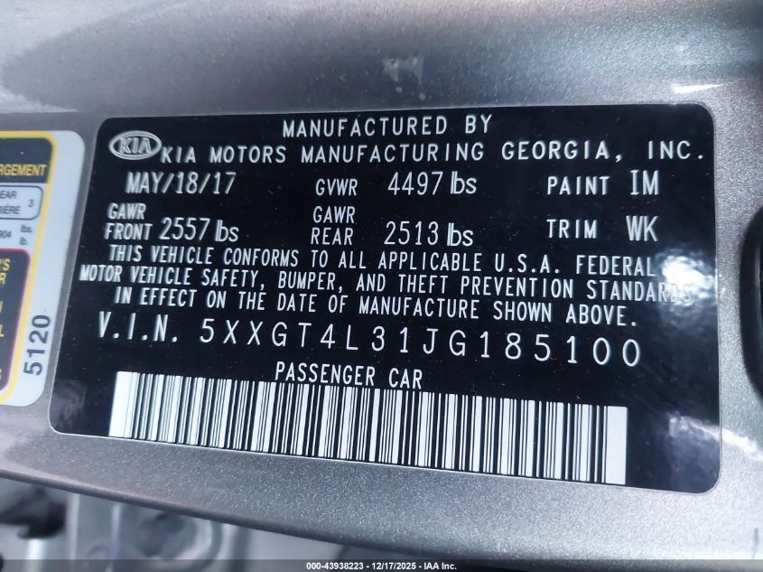 2018 Kia Optima Lx VIN: 5XXGT4L31JG185100 Lot: 43938223