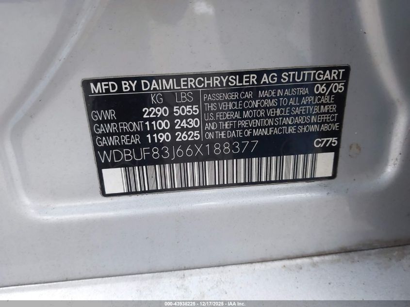 2006 Mercedes-Benz E 500 4Matic VIN: WDBUF83J66X188377 Lot: 43938225