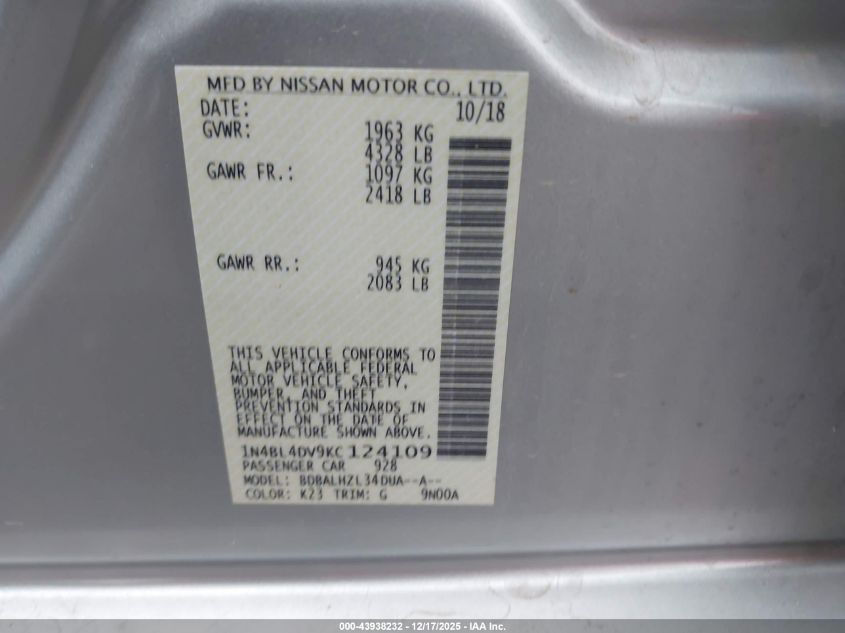 2019 Nissan Altima 2.5 Sv VIN: 1N4BL4DV9KC124109 Lot: 43938232