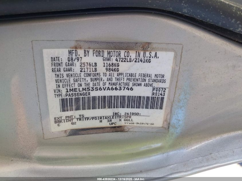 1997 Mercury Sable Ls VIN: 1MELM53S6VA663746 Lot: 43938234