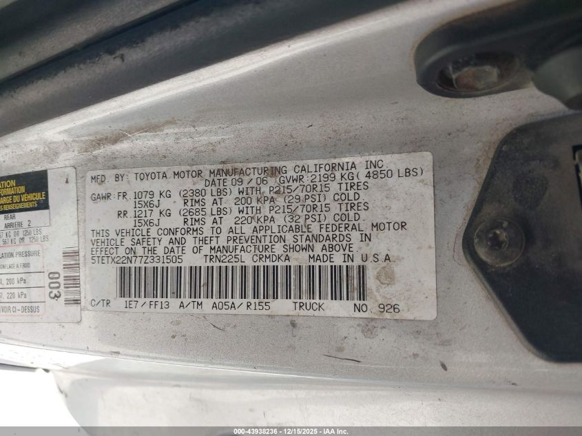 2007 Toyota Tacoma VIN: 5TETX22N77Z331505 Lot: 43938236