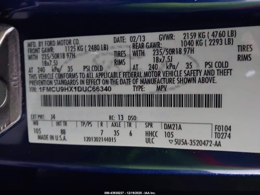 2013 Ford Escape Sel VIN: 1FMCU9HX1DUC66340 Lot: 43938237