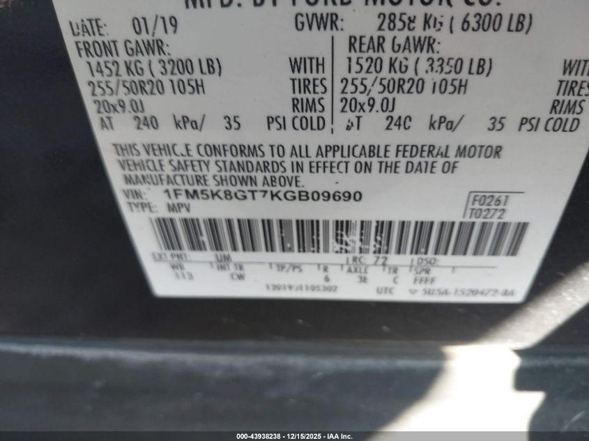 2019 Ford Explorer Sport VIN: 1FM5K8GT7KGB09690 Lot: 43938238