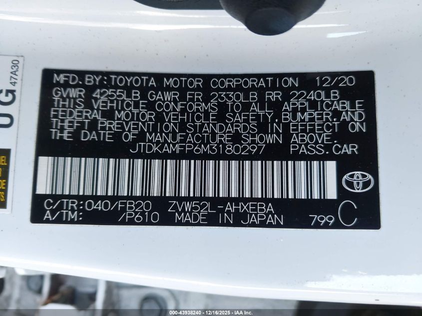 2021 Toyota Prius Prime Le VIN: JTDKAMFP6M3180297 Lot: 43938240