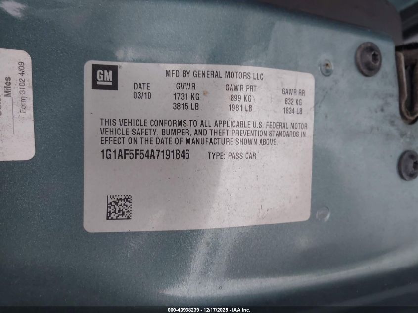 2010 Chevrolet Cobalt Lt VIN: 1G1AF5F54A7191846 Lot: 43938239