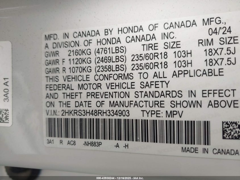 2024 Honda Cr-V Ex 2Wd VIN: 2HKRS3H48RH334903 Lot: 43938244
