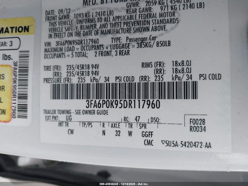 2013 Ford Fusion Titanium VIN: 3FA6P0K95DR117960 Lot: 43938245