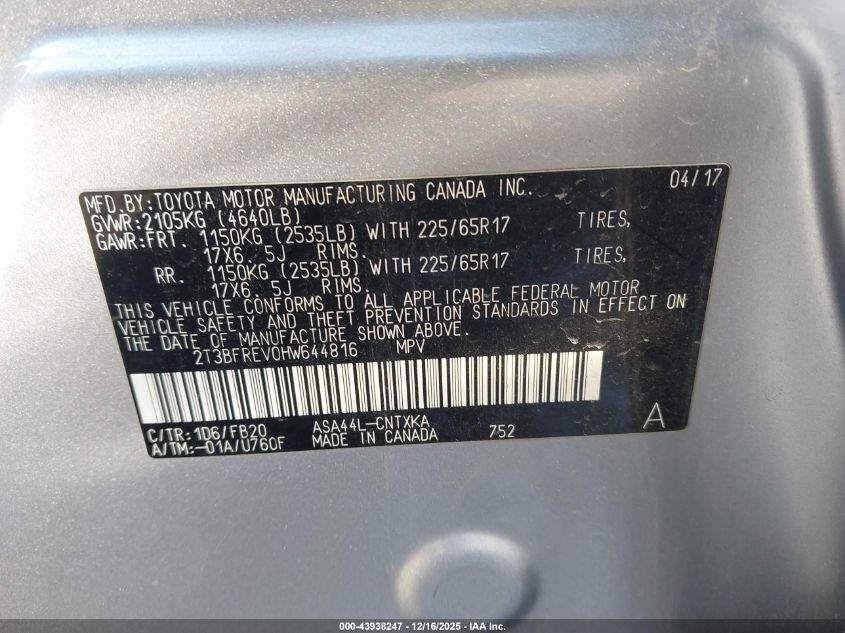 2017 Toyota Rav4 Le VIN: 2T3BFREV0HW644816 Lot: 43938247