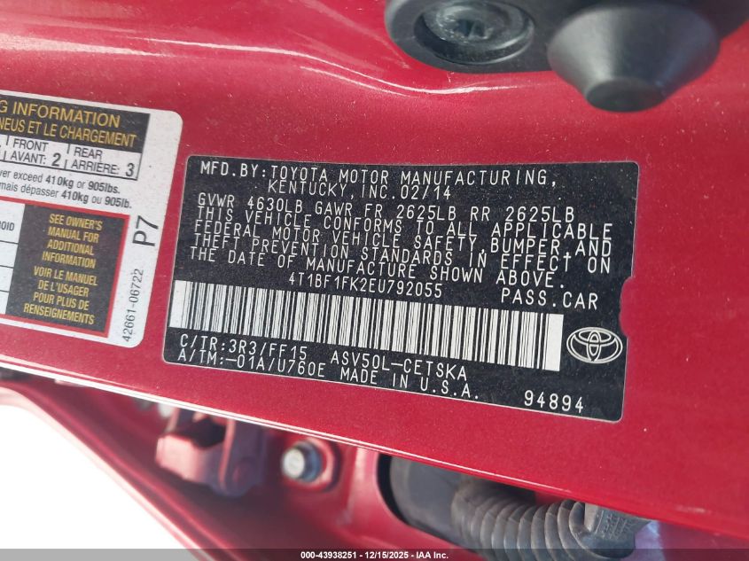 2014 Toyota Camry Se VIN: 4T1BF1FK2EU792055 Lot: 43938251