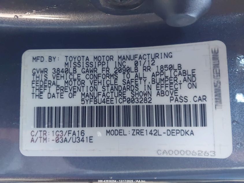 2012 Toyota Corolla L VIN: 5YFBU4EE1CP003282 Lot: 43938254