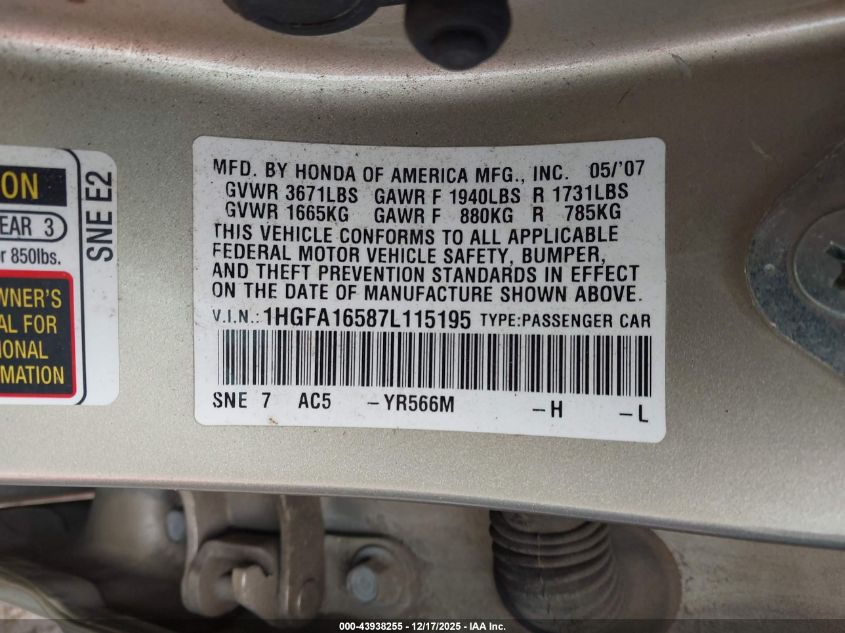 2007 Honda Civic Lx VIN: 1HGFA16587L115195 Lot: 43938255