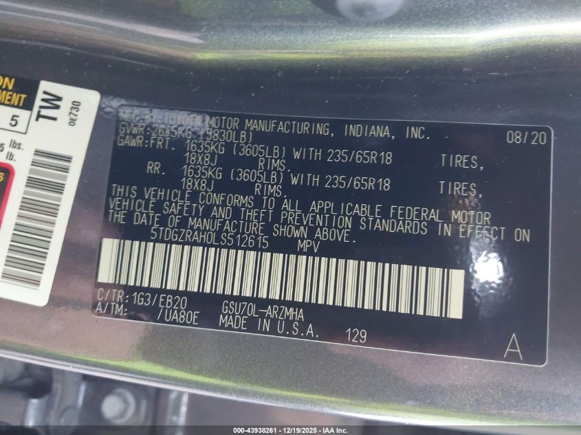 2020 Toyota Highlander Xle VIN: 5TDGZRAH0LS512615 Lot: 43938261