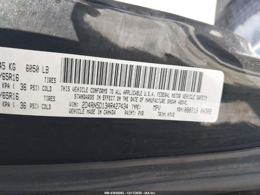 2010 Dodge Grand Caravan Sxt VIN: 2D4RN5D13AR427434 Lot: 43938262