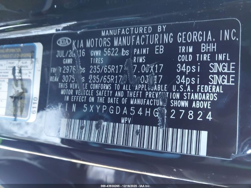 2017 Kia Sorento 3.3L Lx VIN: 5XYPGDA54HG227824 Lot: 43938265