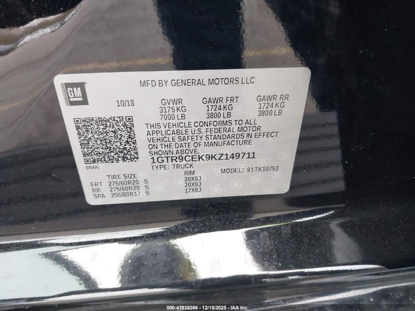 2019 GMC Sierra 1500 Elevation VIN: 1GTR9CEK9KZ149711 Lot: 43938266