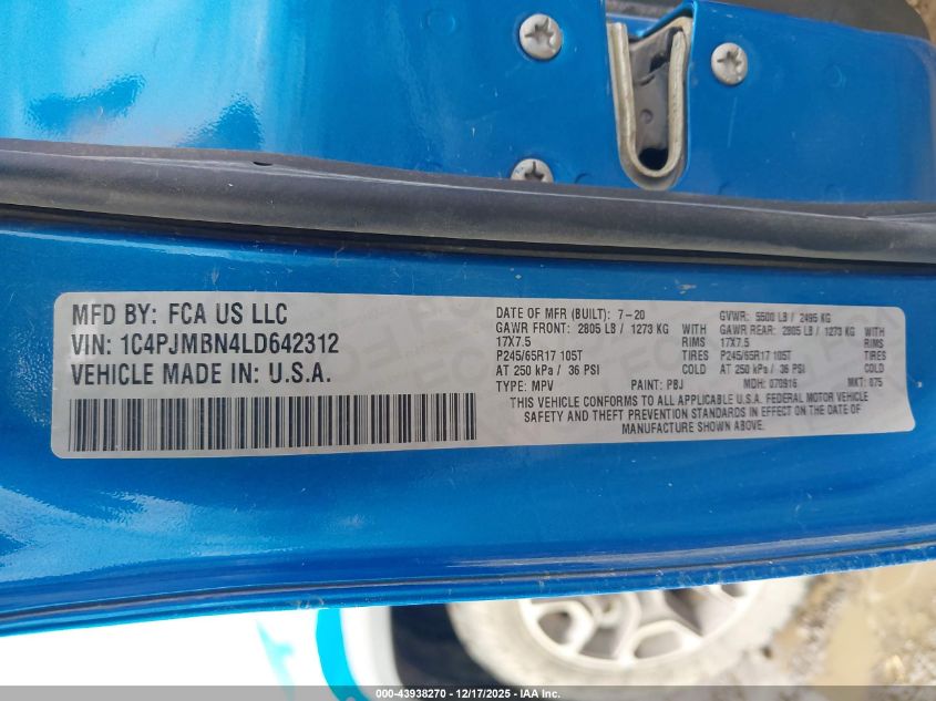 2020 Jeep Cherokee Trailhawk 4X4 VIN: 1C4PJMBN4LD642312 Lot: 43938270