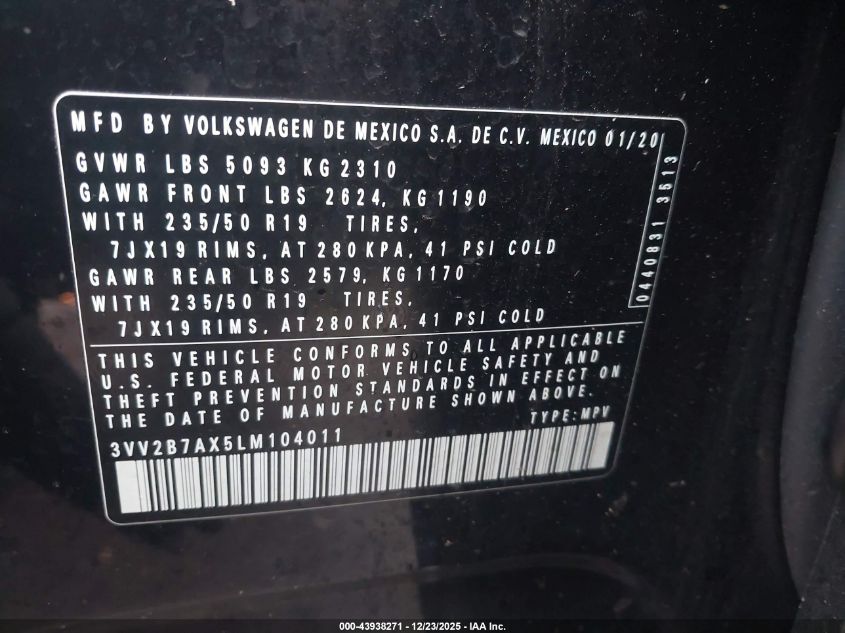 2020 Volkswagen Tiguan 2.0T Se/2.0T Se R-Line Black/2.0T Sel VIN: 3VV2B7AX5LM104011 Lot: 43938271
