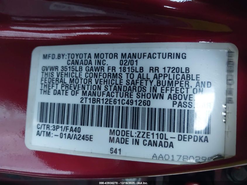 2001 Toyota Corolla Le VIN: 2T1BR12E61C491260 Lot: 43938278