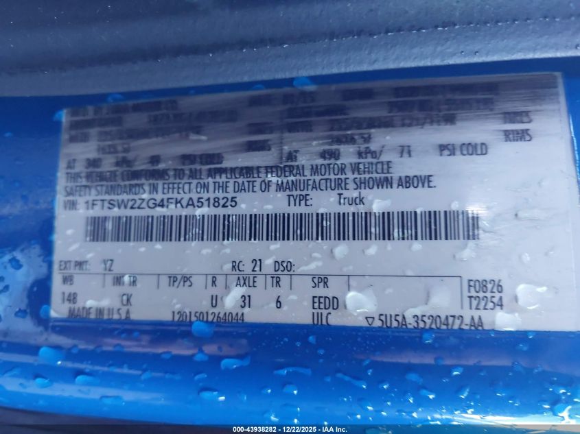 2015 Ford Transit-350 VIN: 1FTSW2ZG4FKA51825 Lot: 43938282