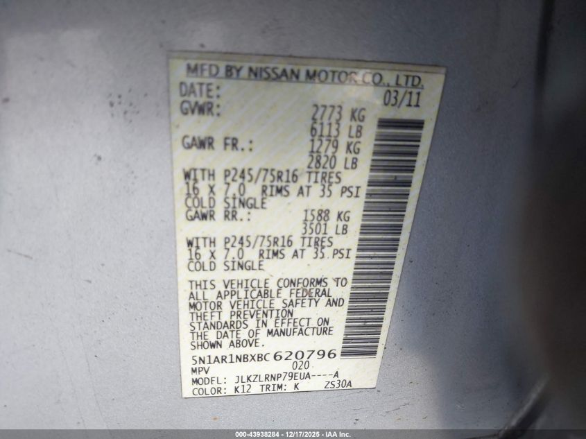 2011 Nissan Pathfinder S VIN: 5N1AR1NBXBC620796 Lot: 43938284
