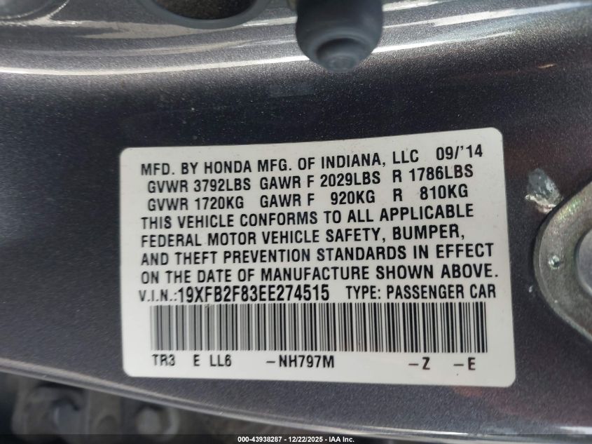 2014 Honda Civic Ex VIN: 19XFB2F83EE274515 Lot: 43938287
