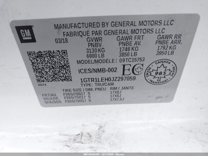 2018 GMC Sierra 1500 VIN: 1GTR1LEH0JZ297059 Lot: 43938290